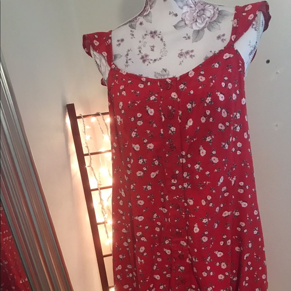Red Floral Dress with Ruffled Arms